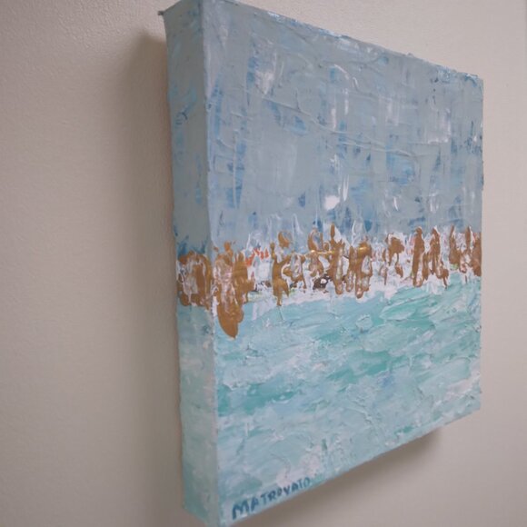 ABSTRACT ACRYLIC PAINTING BLUE GOLD GREEN - Picture 3 of 3